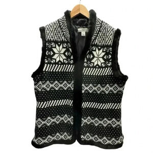 Christopher & Banks Black & White Knit with Faux Fur Trim Stand up Collar Sz XL